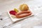 Fast food restaurant bavaria sausage meal on plate with bread