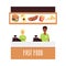 Fast food restaurant or cafe workers stands behind counter a vector illustration