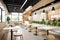 fast-food restaurant with minimalist decor, clean lines and a mix of natural and artificial lighting