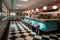 fast food restaurant with retro interior, featuring iconic 50s diner design elements