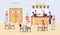 Fast food restaurant with workers and visitors a vector flat illustration.