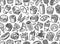 Fast food seamless pattern. Burger, hot dog, sausages, pizza and other food black vector endless pattern on white background.
