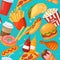 Fast food seamless pattern. Cartoon fries, donut and coffee, chicken and burger, taco and ketchup, ice cream and cola