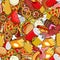 Fast Food seamless pattern. Feed ornament. meat background. Pizza and taco. French fries and hamburger. Hotdog and cookies. Baked