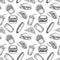 Fast food seamless pattern. Hand drawn pizza, burger and fries, hot dog, hamburger and cola for fast food menu wallpaper