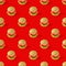 Fast food. Seamless pattern of plastic childrens toy burger with salad, tomato, meat on red background. Concept of harmful