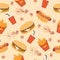 Fast food seamless vector illustration. Hot dog, french fries, burger, coffee. Text inscriptions WOW, YUM.