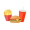 Fast Food set big hamburger, french fries and soda vector icon.