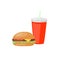 Fast Food set big hamburger and soda vector icon. Unhealthy junk