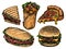 Fast food set. Burger, Burrito, Cheeseburger, Sandwich, slice of Pizza. Restaurant or diner menu. Vector illustration