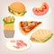 Fast food set: cheeseburger, sandwich, sausage, shrimp