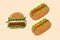 Fast food set. Cute collection of American food. Vector Hamburger bun with cutlet sauce, sausage, ketchup, cheese, herbs and