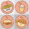 Fast food set, flat design. Soup, coffee, hamburger and falafel. Vector illustrations