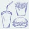 Fast food set. French fries, burger and paper cup drink. Blue outline hand drawn sketch