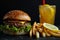 Fast food set. Hamburger, fries and lemon lemonade