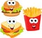 Fast food set hamburger, sandwich and french fries isolated on white background. Fast food smile vector cartoon