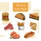 Fast food set. Hand draw illustration. Vintage burger design. Colorful american food elements