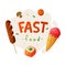 Fast Food with Skewered Grilled Sausage, Ice Cream in Waffle Cone and Maki Vector Composition