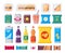 Fast food snack and drink pack, vector icons set in flat style. Vending products collection. Snacks, drinks, chips