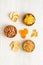 Fast food snacks collection - nuts and dried fruits top view