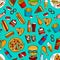 Fast food snacks, drinks, dessert seamless pattern