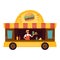 Fast Food Truck With Burger And Drinks. The Waiter Has Cooked Burger Set For Customer. Cartoon Flat Style. Vector