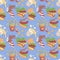 Fast food vector cartoon seamless pattern. French fries, cola, beer, taco, hot dog