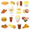 Fast food vector hamburger or cheeseburger with chicken wings and eating junk fastfood snacks burger or sandwich with