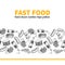 Fast food vector hand drawn seamless stripe pattern. Hand drawn junk food menu illustration.