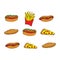 Fast food vector illustration on white background. fries, hot dog, pizza, croissant. delicious food, italian food. hand drawn vect