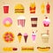 Fast food vector nutrition american hamburger or cheeseburger unhealthy eating concept junk fast-food snacks burger or