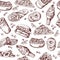 Fast food vector seamless pattern. Hand drawn illustration of hamburger sandwich cola and french fries