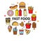 Fast food vectors in circle. lineal color style for set of fast food icons