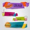 Fast food vertical banner set concept. Restaurant advertisement template. Snack stickers and labels.