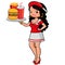 Fast food waitress serving hamburger, fries and drink. Vector illustration