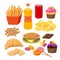 Fast foods vector flat illustration. Group of snacks, hamburger, french fries, soft drinks, croissant, crackers, sweets