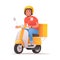 Fast and free delivery. Cheerful courier rides a scooter and carries pizza. Food service. Vector illustration