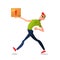 Fast free delivery. Courier runs with box on the order. Colorful characters in a flat style