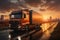 Fast freight 3D rendered truck, rear angle, navigates sunrise cityscape, embodying efficient logistics
