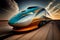 Fast futuristic train at ride. High speed train