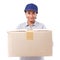 Fast, happy, female delivery service staff with parcel or carton