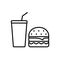 Fast Junk Food Hamburger Cola Outline Pictogram. Takeaway Lunch Cold Soda Beverage Sandwich Flat Symbol. Drink Burger