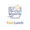Fast lunch, ready food to eat, take away order, quick meal, open box and clock