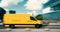 Fast mail and parcel delivery, yellow mail car in a modern city. With motion blur, delivery truck in side view