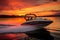 Fast motorboat towing water skier in romantic vibrant sunset. Generative AI