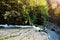 Fast mountain river with waterfall at suset on Carpathian mountains