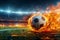 Fast moving soccer ball engulfed in flames races toward stadium field