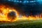 Fast moving soccer ball engulfed in flames races toward stadium field