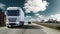 Fast moving truck with full lighting on a motorway with port for container ships. Water, cranes and warehouses with an imposing