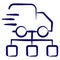 Fast moving truck with organizational chart below. Simple contour vector icon